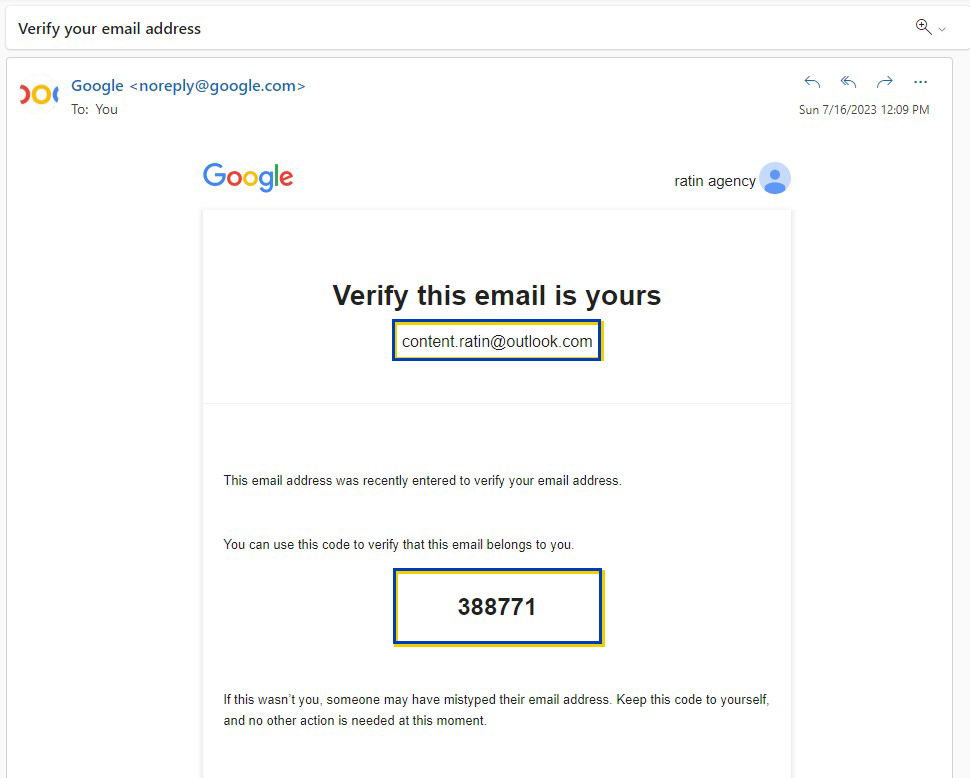 ایمیل ارسالیاز گوگل برای وریفای اکانت