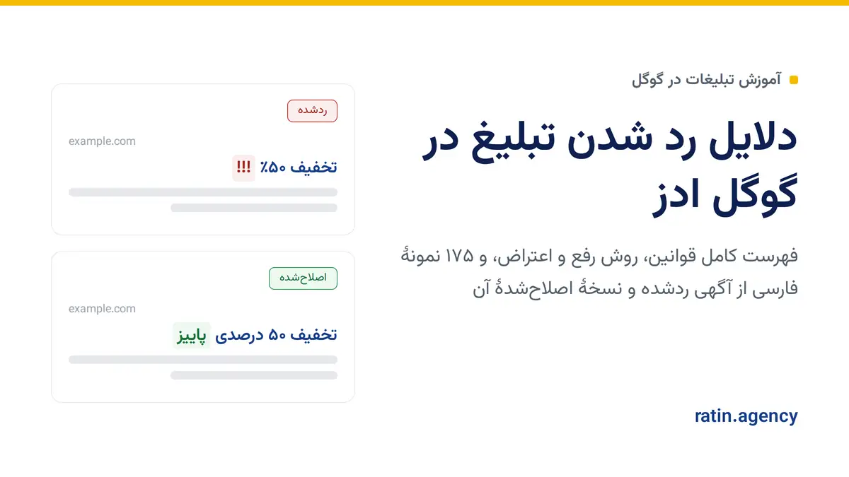 دلایل رد شدن تبلیغ در گوگل ادز؛ نمونهٔ یک آگهی ردشده با علامت تعجب و نسخهٔ اصلاحشدهٔ آن